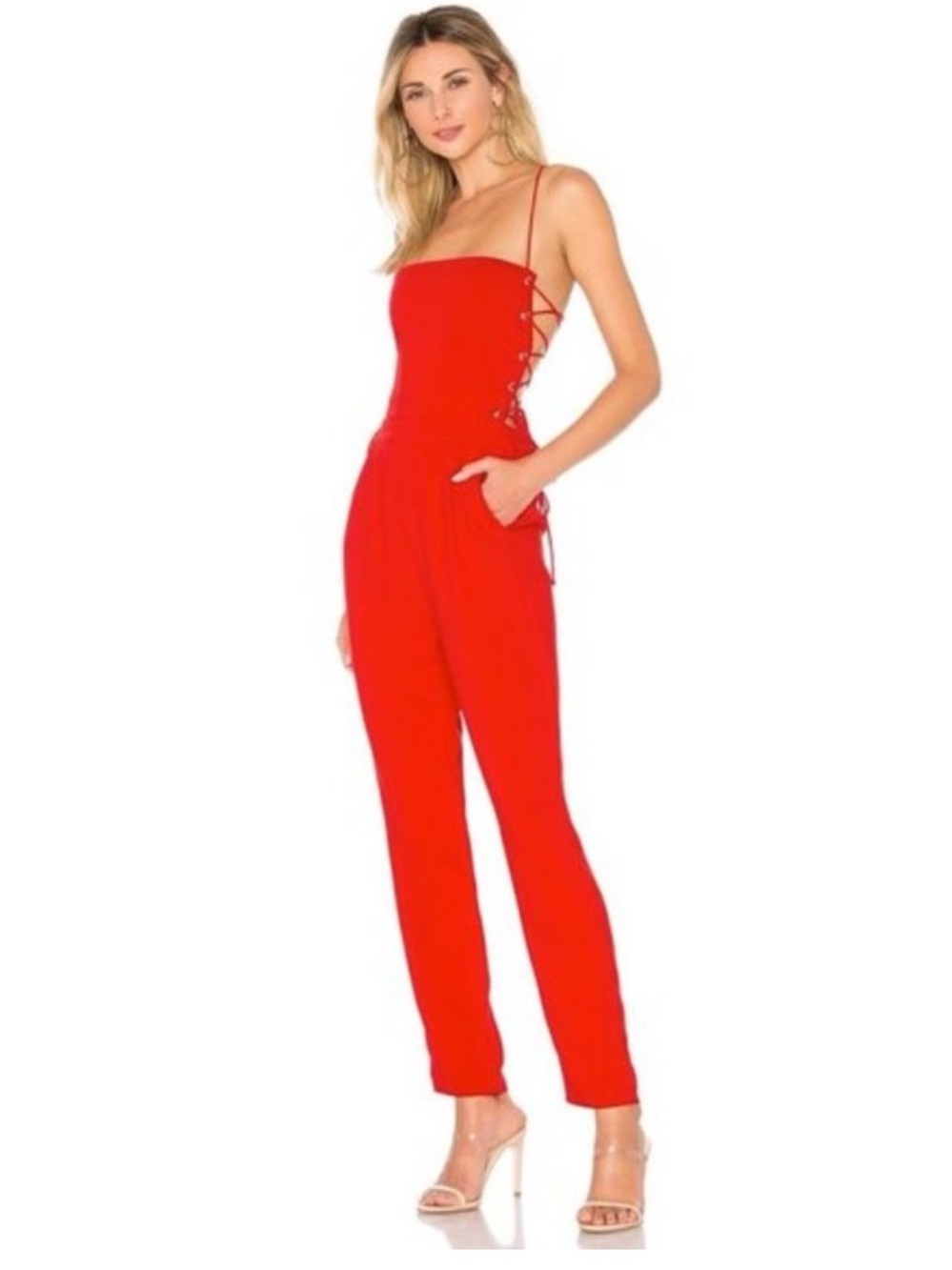 BY THE WAY Kathleen Red Lace Up Back Jumpsuit Size Small